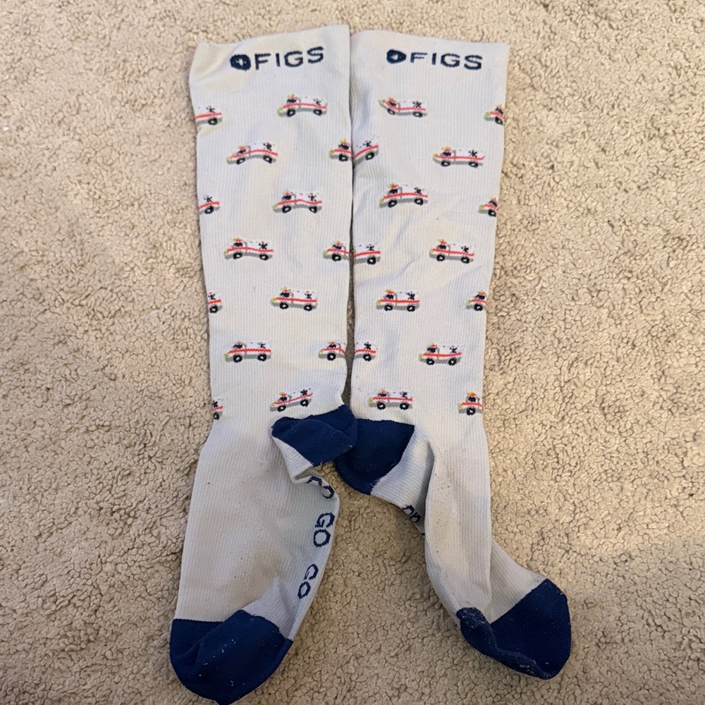 Figs Cream and Navy Socks with Ambulance Design